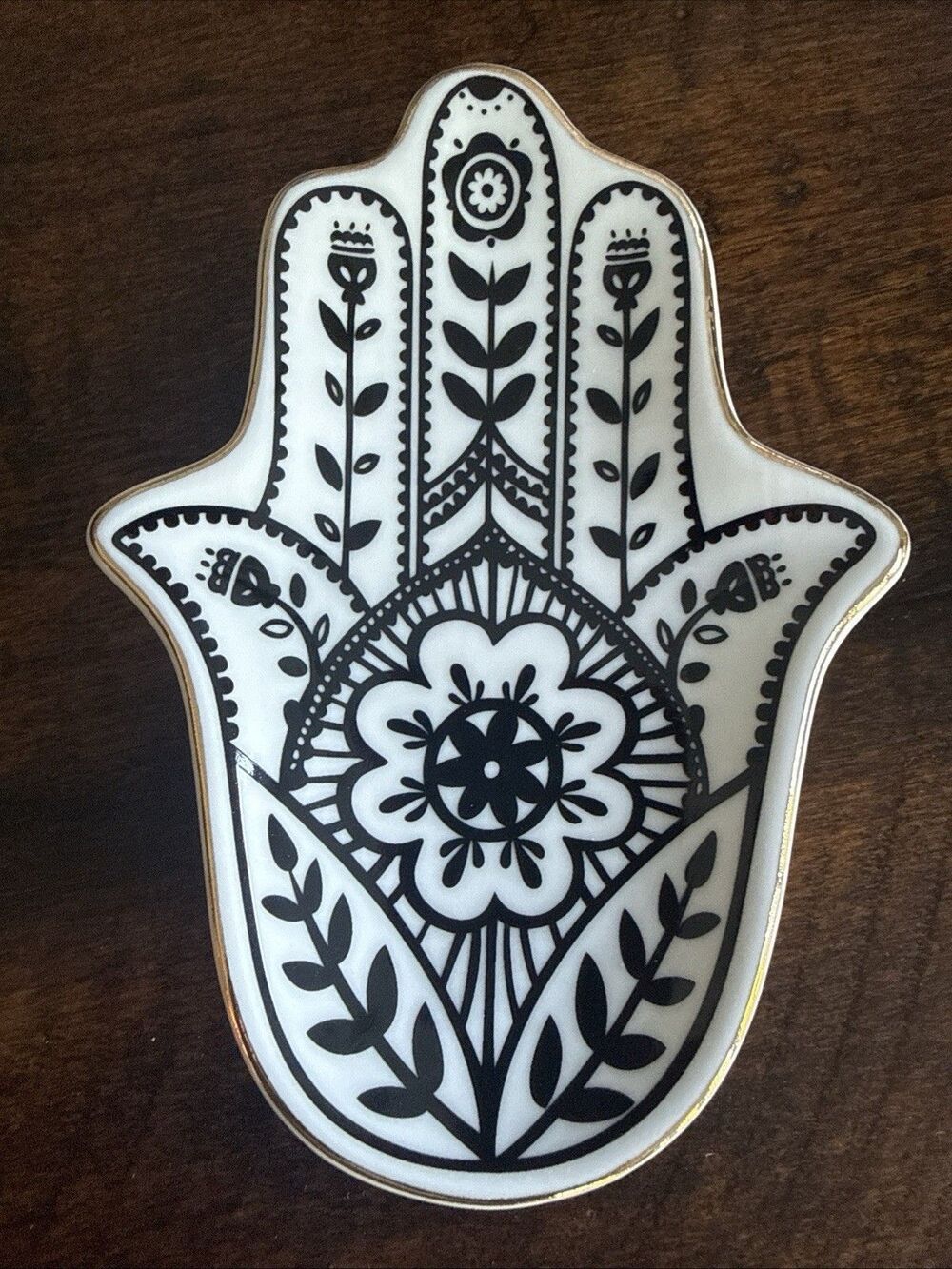 Hamsa Hand Trinket Dish Jewelry Ring Holder Black White Ceramic Tray